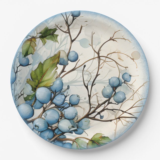 Blue Winter Berries Paper Plate (Front)