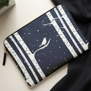 Blue Winter Birch Trees and Bird Laptop Sleeve