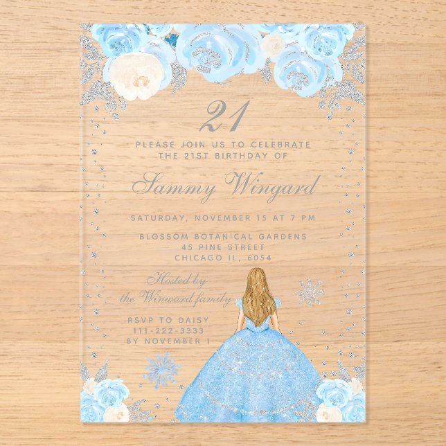 Blue Winter Blonde Hair Princess Birthday Party Acrylic Invitations (Front)