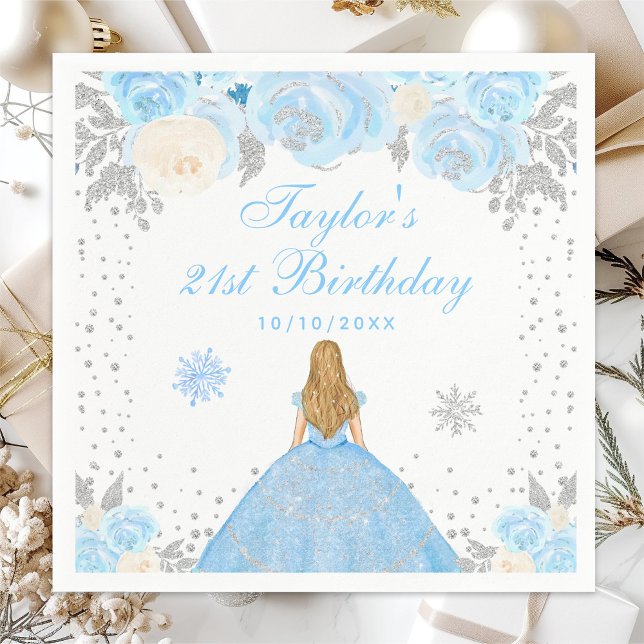 Blue Winter Blonde Hair Princess Birthday Party Napkin (Creator Uploaded)