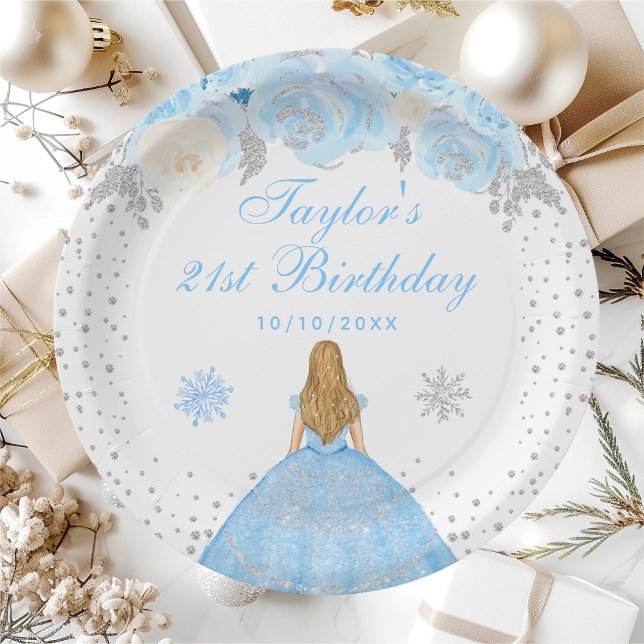 Blue Winter Blonde Hair Princess Birthday Party Paper Plate (Creator Uploaded)