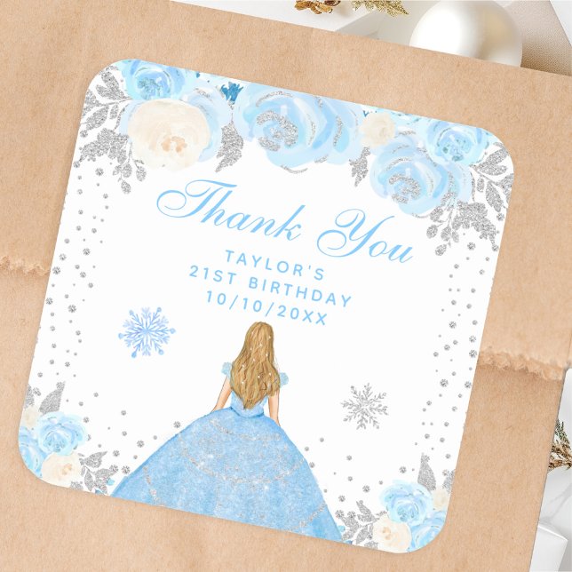 Blue Winter Blonde Hair Princess Birthday Party Square Sticker (Creator Uploaded)