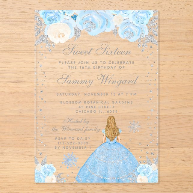 Blue Winter Blonde Hair Princess Sweet Sixteen Acrylic Invitations (Front)