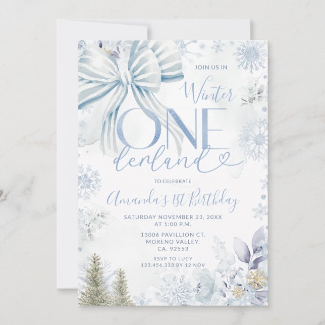 Blue Winter Bow Onederland Snowflake 1st Birthday Invitation (Front)