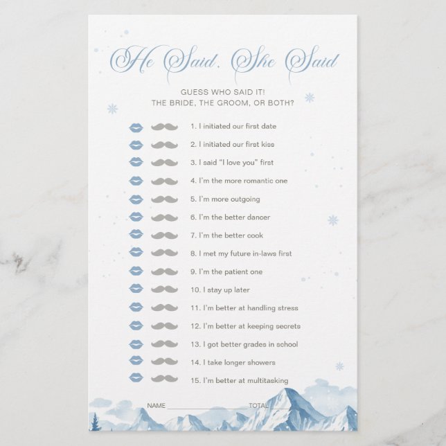 Blue Winter Bridal Shower He Said She Said Game (Front)