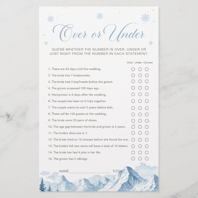 Blue Winter Bridal Shower Over or Under Game (Front)