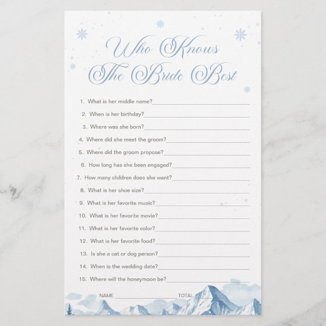 Blue Winter Bridal Shower Who Knows the Bride Best (Front)