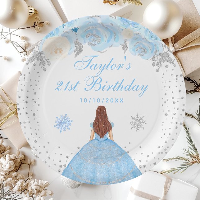 Blue Winter Brown Hair Princess Birthday Party Paper Plate (Creator Uploaded)