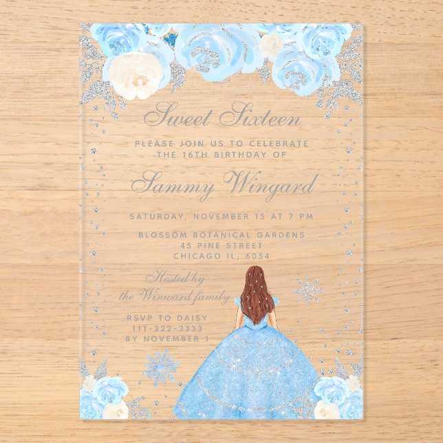 Blue Winter Brown Hair Princess Sweet Sixteen Acrylic Invitations (Front)