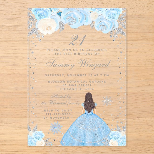 Blue Winter Brunette Hair Princess Birthday Party Acrylic Invitations (Front)