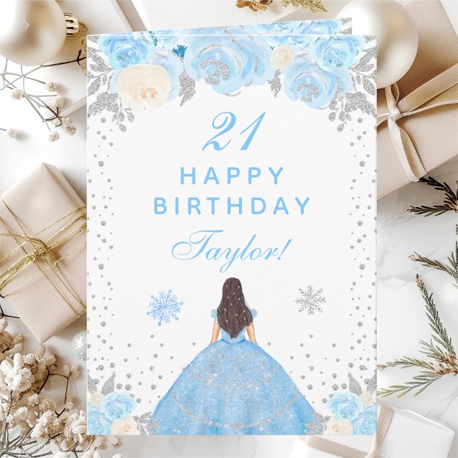 Blue Winter Brunette Hair Princess Birthday Party Card (Creator Uploaded)