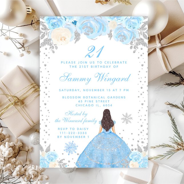 Blue Winter Brunette Hair Princess Birthday Party Invitation (Creator Uploaded)