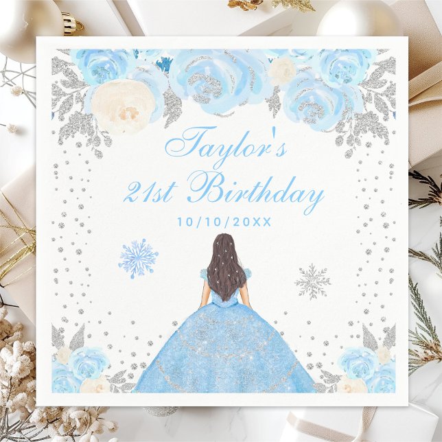 Blue Winter Brunette Hair Princess Birthday Party Napkin (Creator Uploaded)