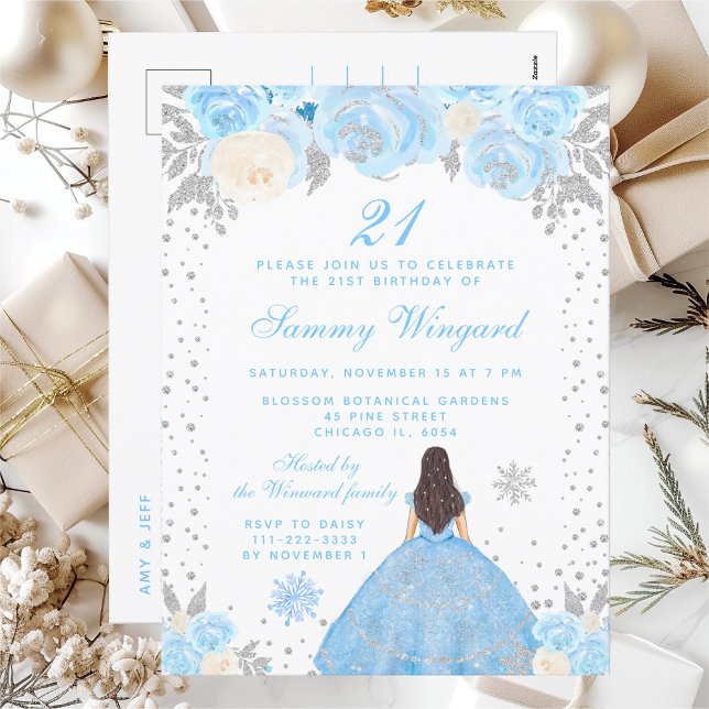 Blue Winter Brunette Hair Princess Birthday Party Postcard (Creator Uploaded)