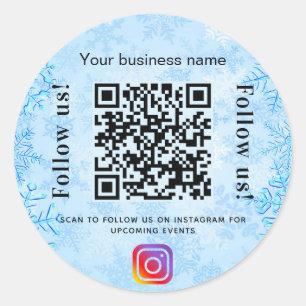 Blue winter business name qr code instagram classic round sticker