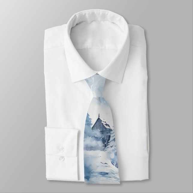 Blue Winter Cabin Mountains Lake Tie (Tied)