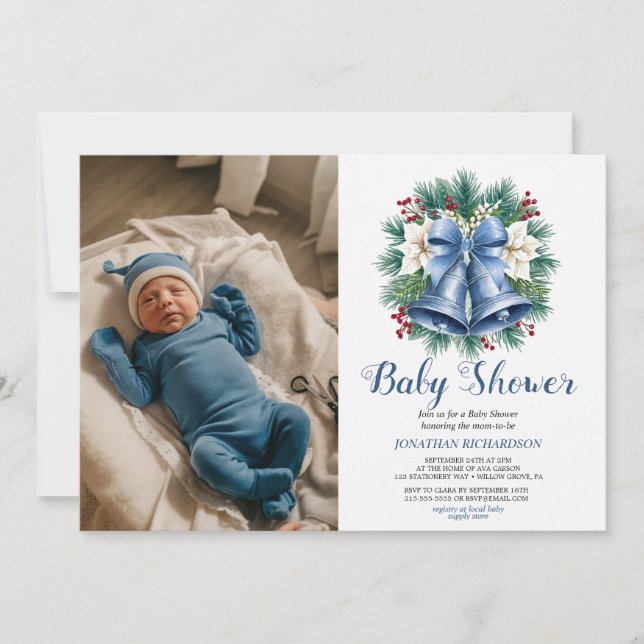 Blue Winter Christmas Bells baby shower Invitation (Front)