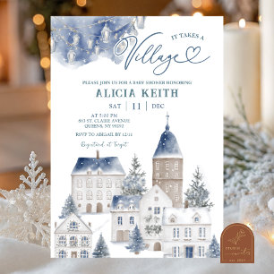 Blue Winter Christmas Hygge Village Baby Shower Invitation