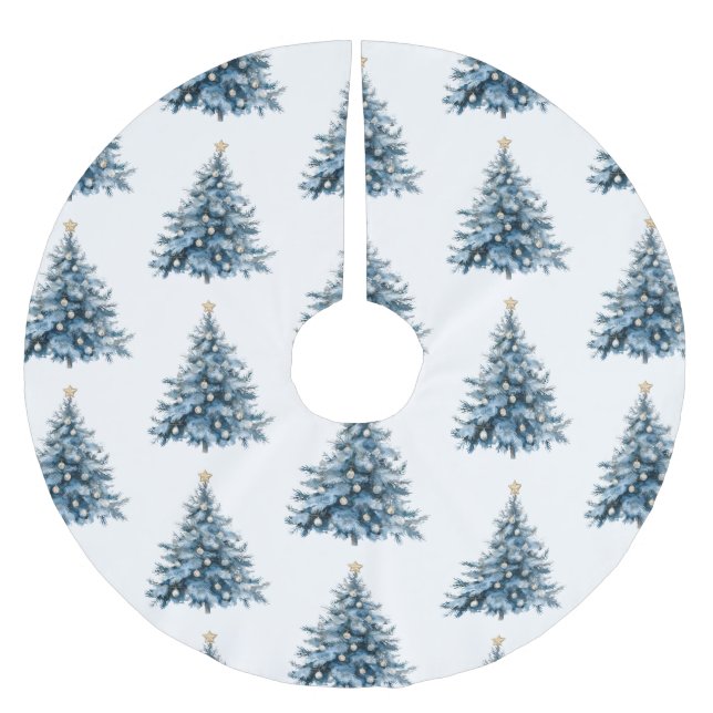 Blue Winter Christmas Tree Gold Star Brushed Polyester Tree Skirt (Front)