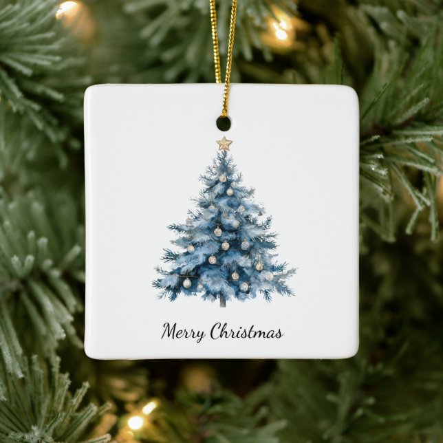 Blue Winter Christmas Tree Gold Star Ceramic Ornament (Tree)