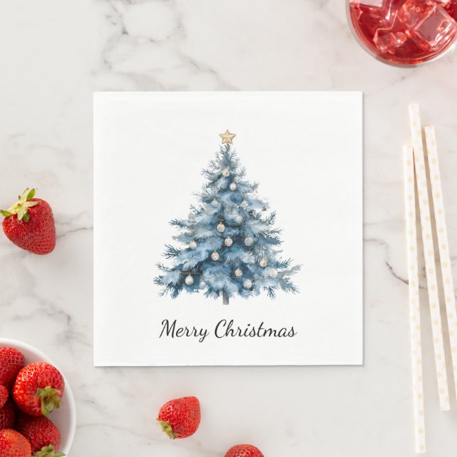 Blue Winter Christmas Tree Gold Star Napkin (Insitu)