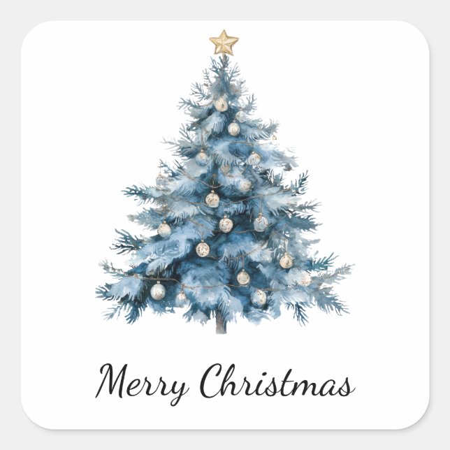 Blue Winter Christmas Tree Gold Star Square Sticker (Front)
