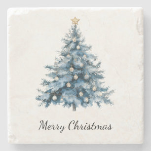 Blue Winter Christmas Tree Gold Star Stone Coaster