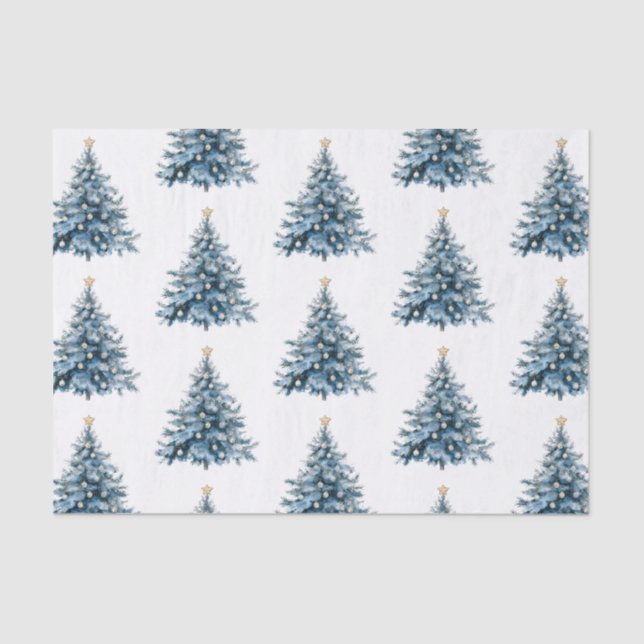 Blue Winter Christmas Tree Gold Star Tissue Paper (Front)