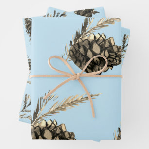 Blue Winter Christmas Tree Pine Branch Cones Wrapping Paper Sheet