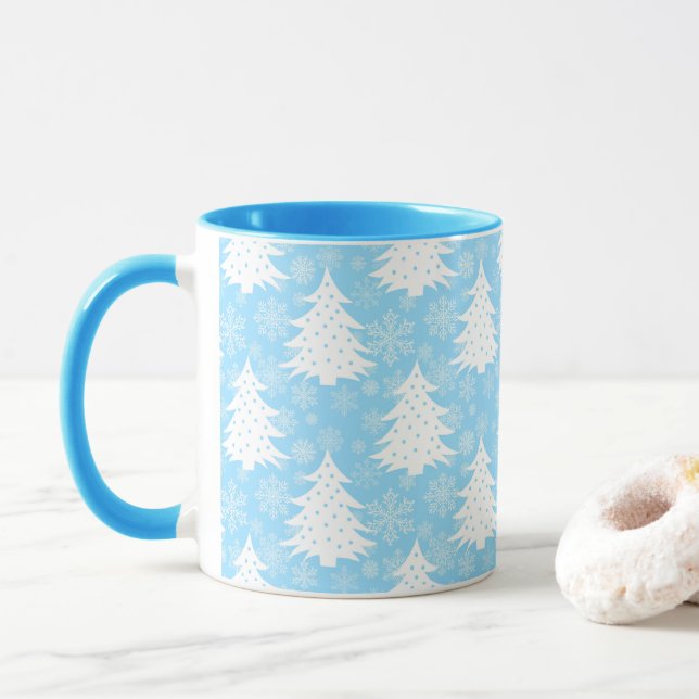Blue Winter Christmas Tree Snowflake Pattern Mug (With Donut)