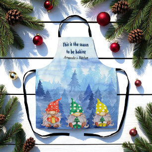 Blue Winter Christmas Trees Gnomes Apron