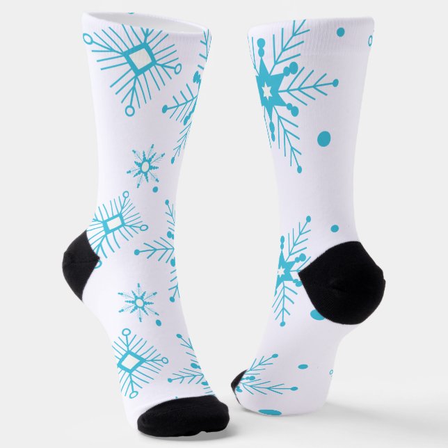 Blue Winter Christmas Whimsical Snowflakes Patter Socks (Angled)