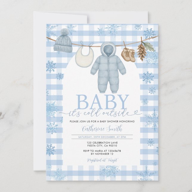 Blue Winter Clothesline Baby Shower Clothes Snow Invitation (Front)