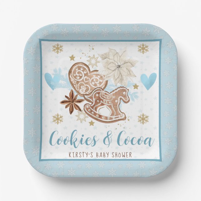 Blue Winter Cookies & Cocoa Baby Shower Paper Plate (Front)