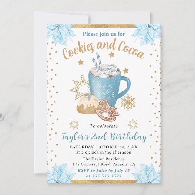 Blue Winter Cookies & Cocoa Birthday Invitation (Front)