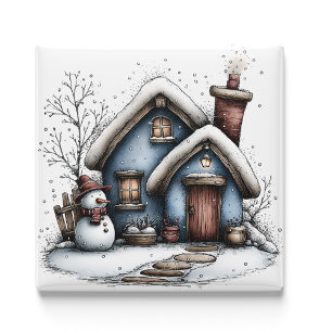 Blue Winter Cottage Christmas Magnet
