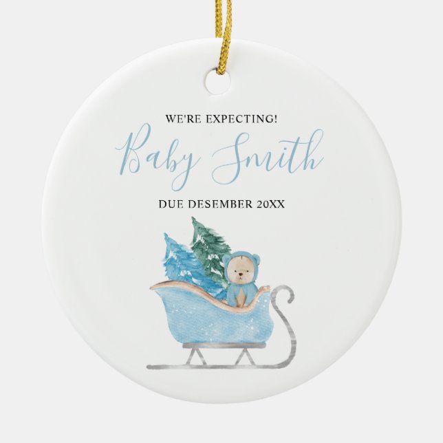 Blue Winter Cute Bear We're Expecting Parents Ceramic Tree Decoration (Front)