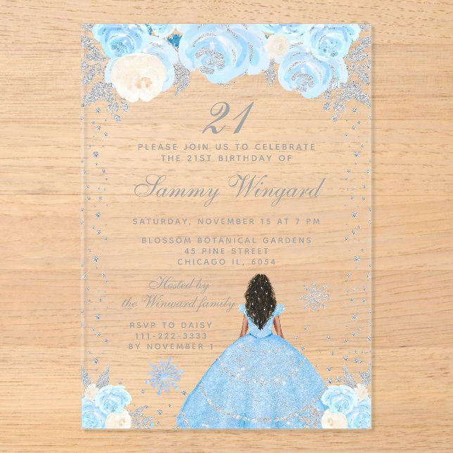 Blue Winter Dark Skin Princess Birthday Party Acrylic Invitations (Front)