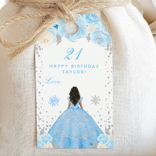 Blue Winter Dark Skin Princess Birthday Party Gift Tags