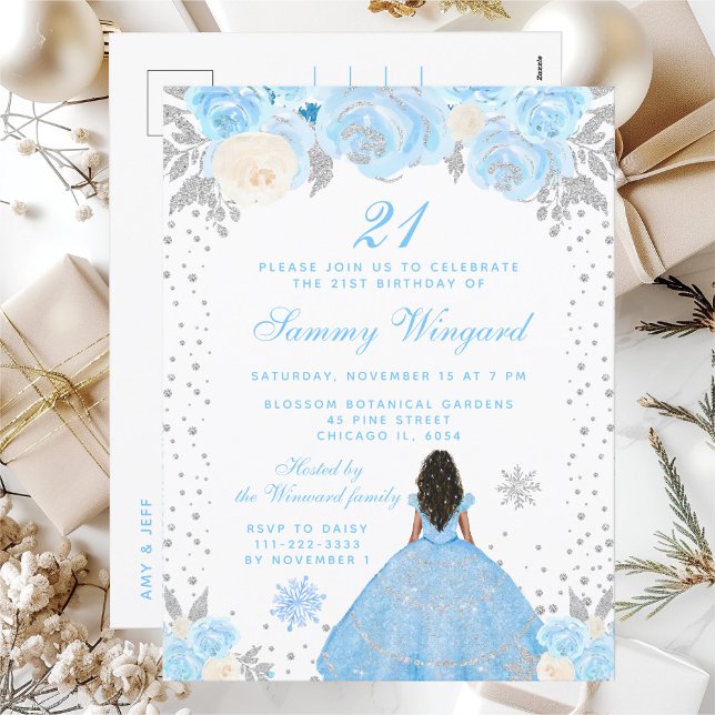 Blue Winter Dark Skin Princess Birthday Party Postcard (Creator Uploaded)
