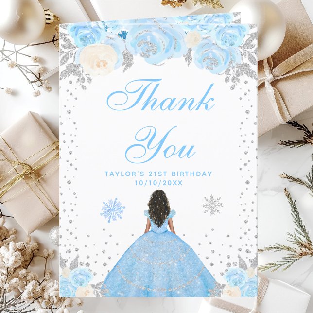 Blue Winter Dark Skin Princess Birthday Party Thank You Card (Creator Uploaded)