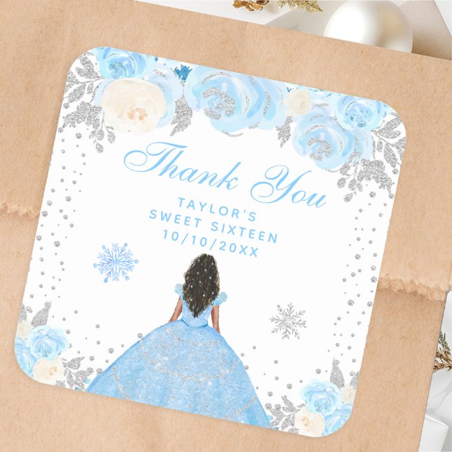 Blue Winter Dark Skin Princess Sweet Sixteen Square Sticker (Creator Uploaded)