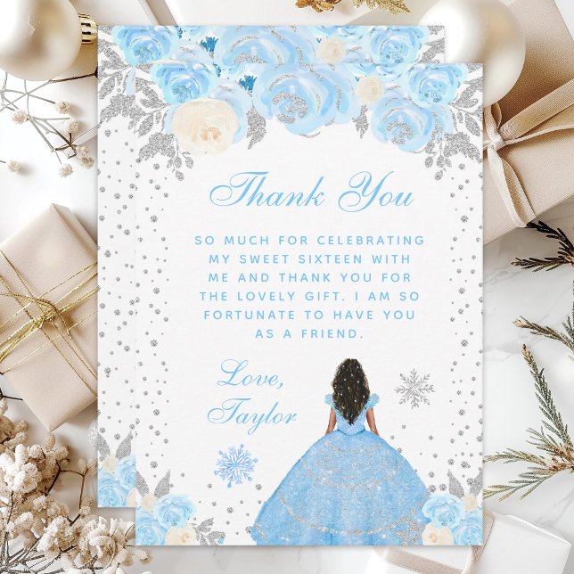 Blue Winter Dark Skin Princess Sweet Sixteen Thank You Card (Creator Uploaded)