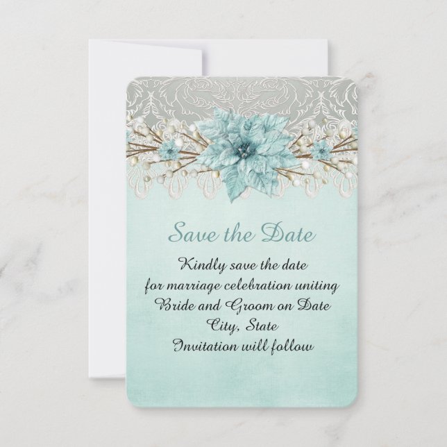 Blue Winter Day Damask Save the date (Front)