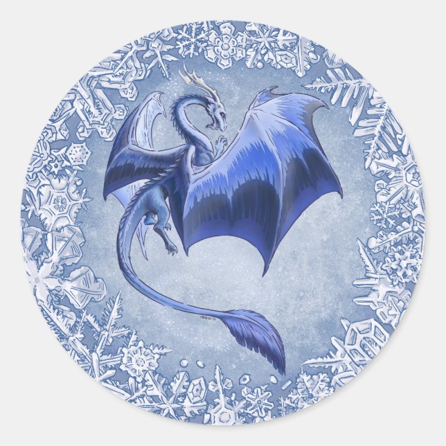 Blue Winter Dragon Fantasy Nature Art Classic Round Sticker (Front)