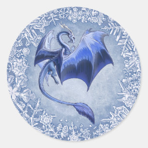Blue Winter Dragon Fantasy Nature Art Classic Round Sticker