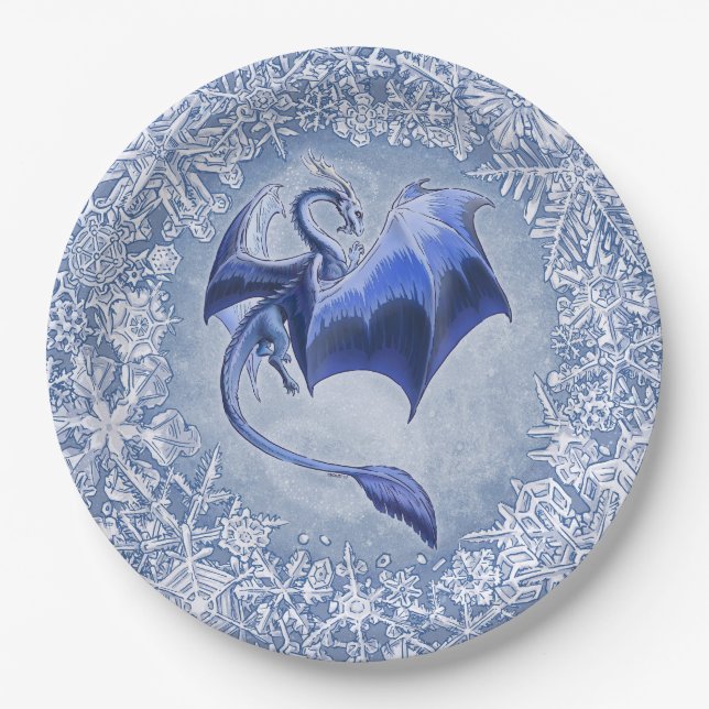 Blue Winter Dragon Fantasy Nature Art Paper Plate (Front)