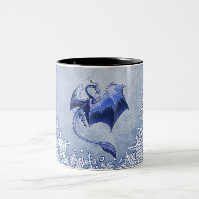 Blue Winter Dragon Fantasy Nature Art Two-Tone Coffee Mug (Center)