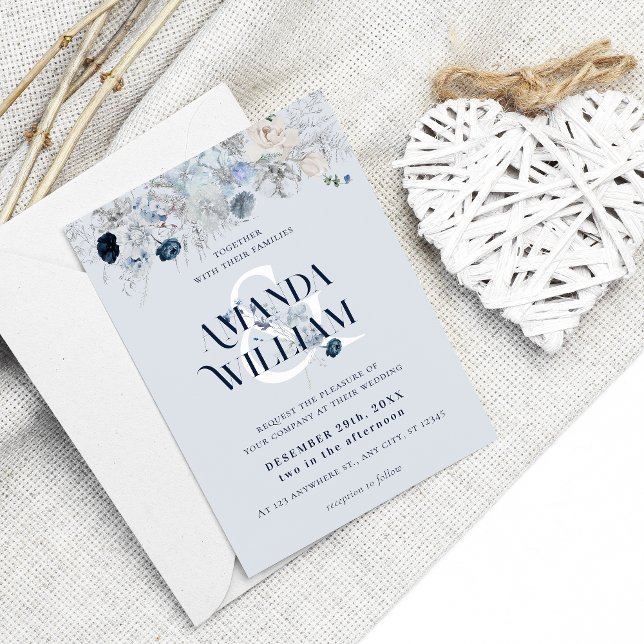 Blue Winter Floral Elegant Wedding Invitation (Creator Uploaded)