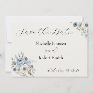Blue Winter Floral Flat Save The Date Card